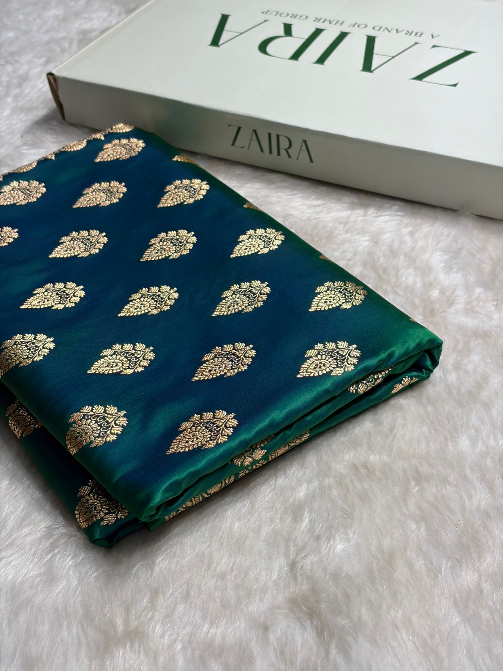 Green Cross Floral Boota Pattern Satin Katan Silk saree SK45