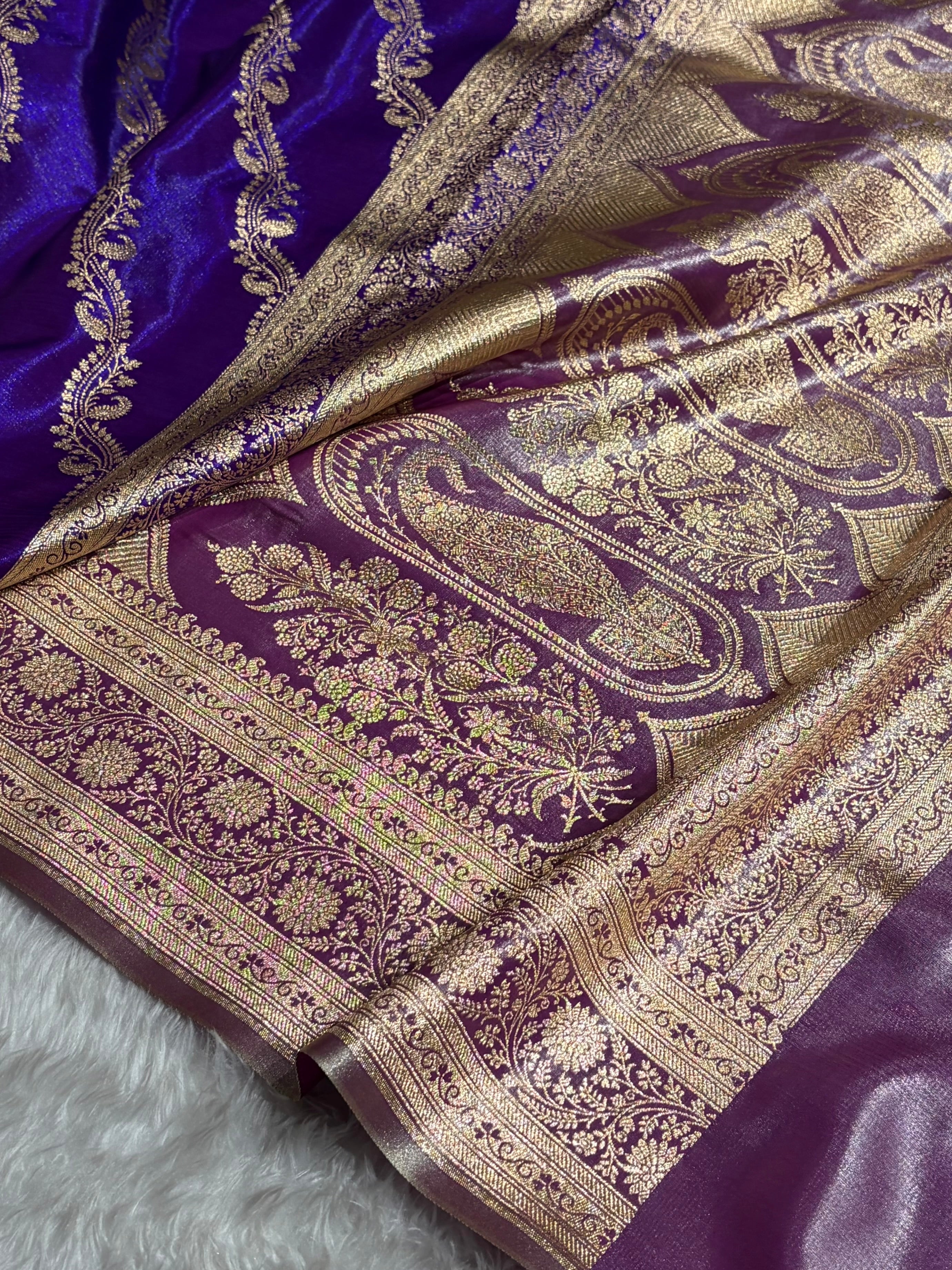 Purple Contrast Shades Cross Pattern Banarasi Satin Silk Saree SS39
