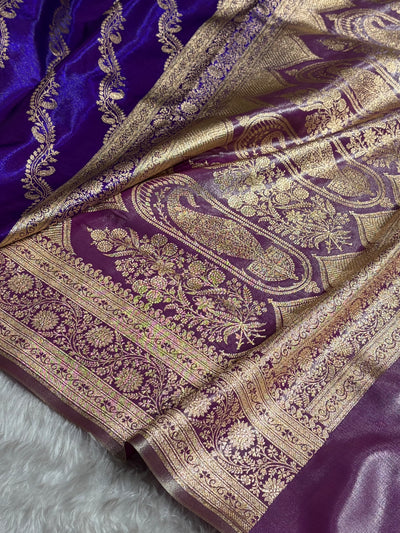 Purple Contrast Shades Cross Pattern Banarasi Satin Silk Saree SS39