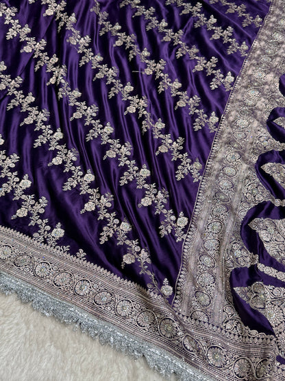 Purple shade Mashru Silk with Ari and stone work with Silver Gotta Patti