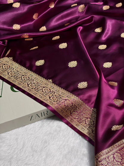Wine Booti Pattern Satin Katan Silk Saree SK65
