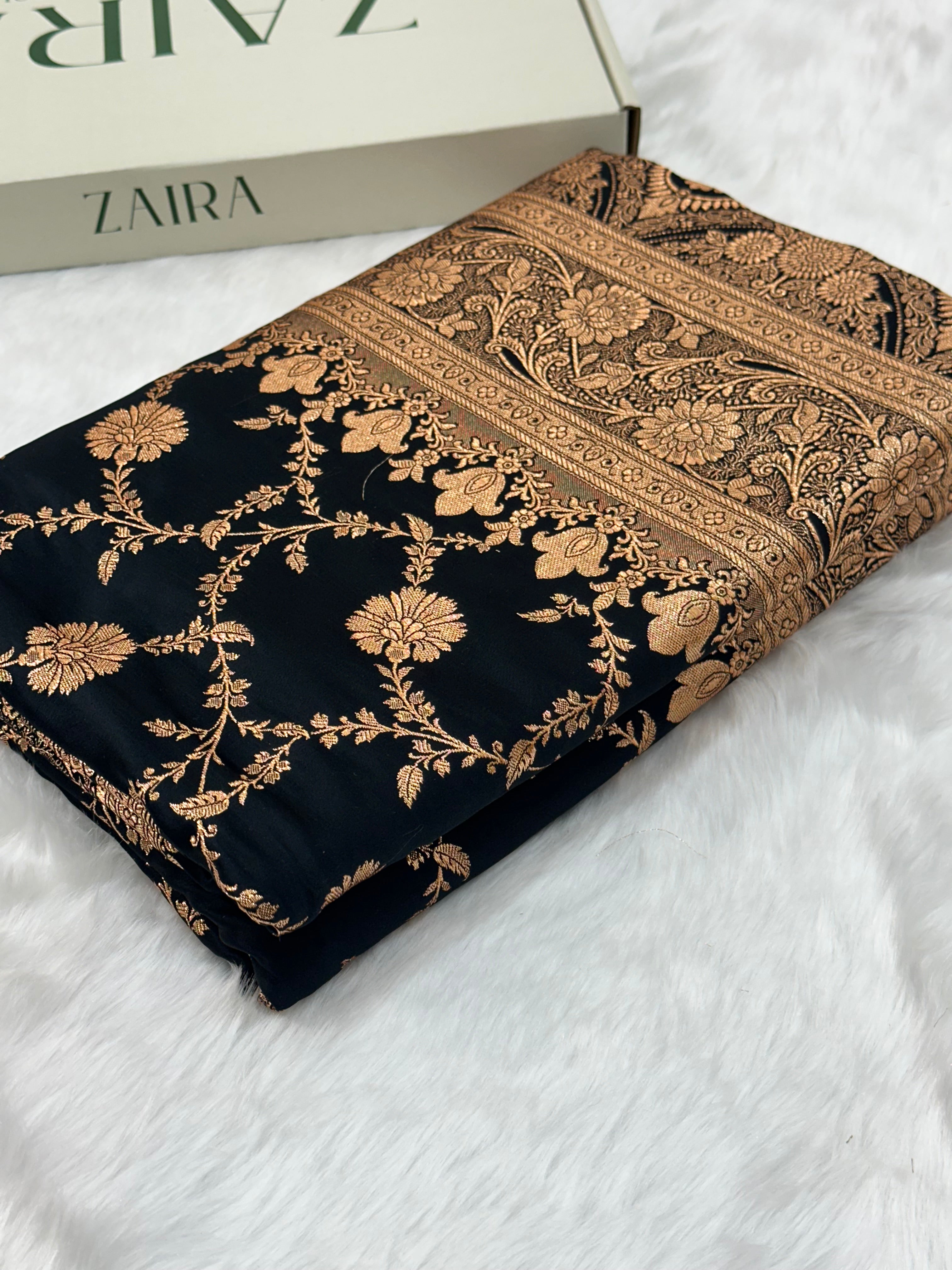 Black Floral Jaal Pattern Satin Katan Silk saree SK59