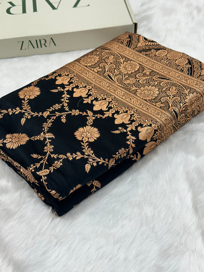 Black Floral Jaal Pattern Satin Katan Silk saree SK59