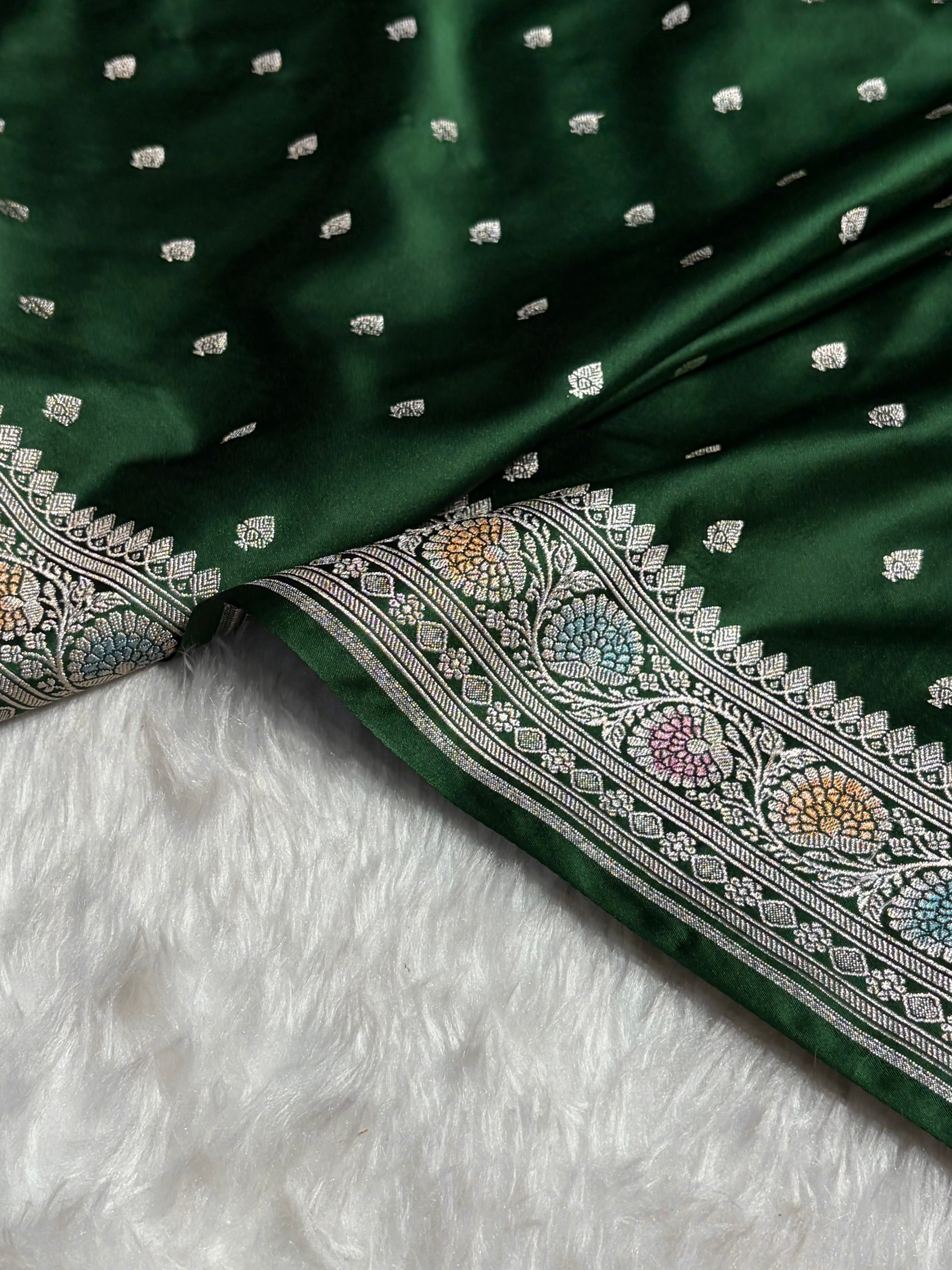 Traditional Bananasi Bottle Green Shades With Contrast Border Booti Mashru Silk Saree MS79