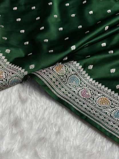 Traditional Bananasi Bottle Green Shades With Contrast Border Booti Mashru Silk Saree MS79