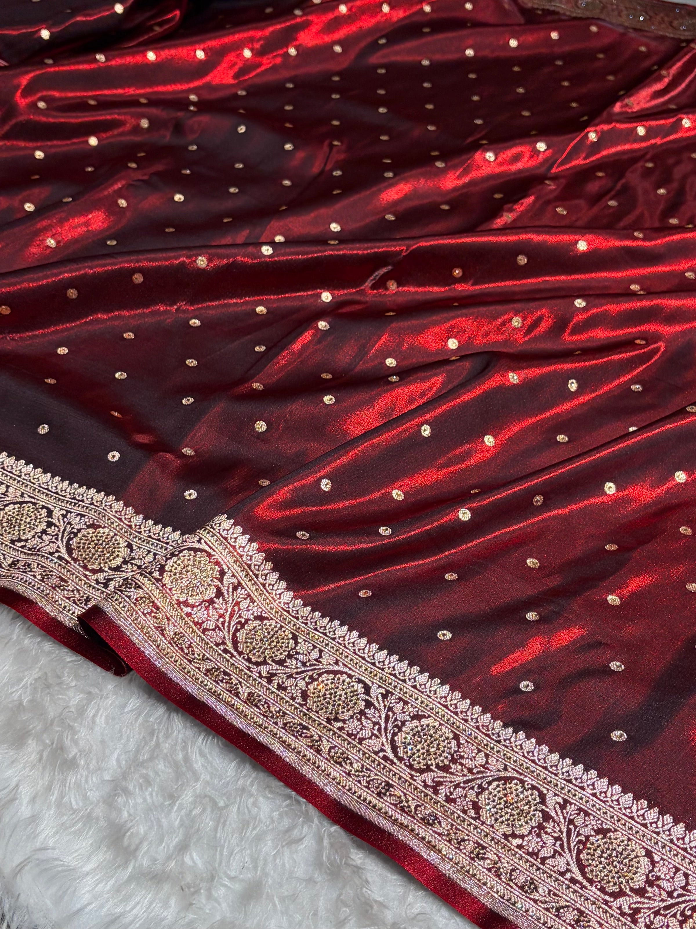 Banarasi Satin Silk Dot Booti in Maroon Shades withSwarovski work BSS08