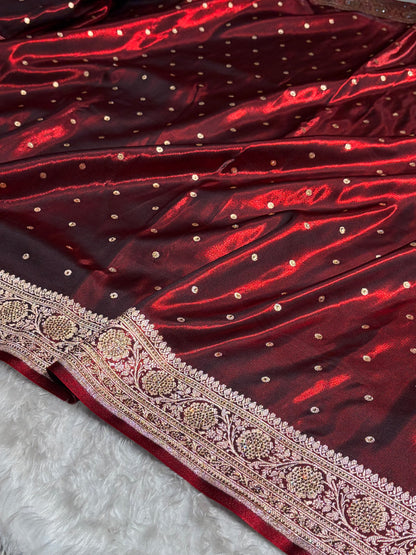 Banarasi Satin Silk Dot Booti in Maroon Shades withSwarovski work BSS08