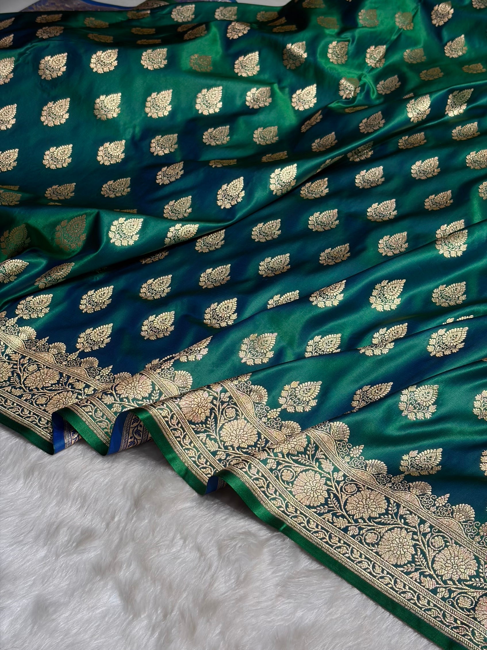 Green Cross Floral Boota Pattern Satin Katan Silk saree SK45