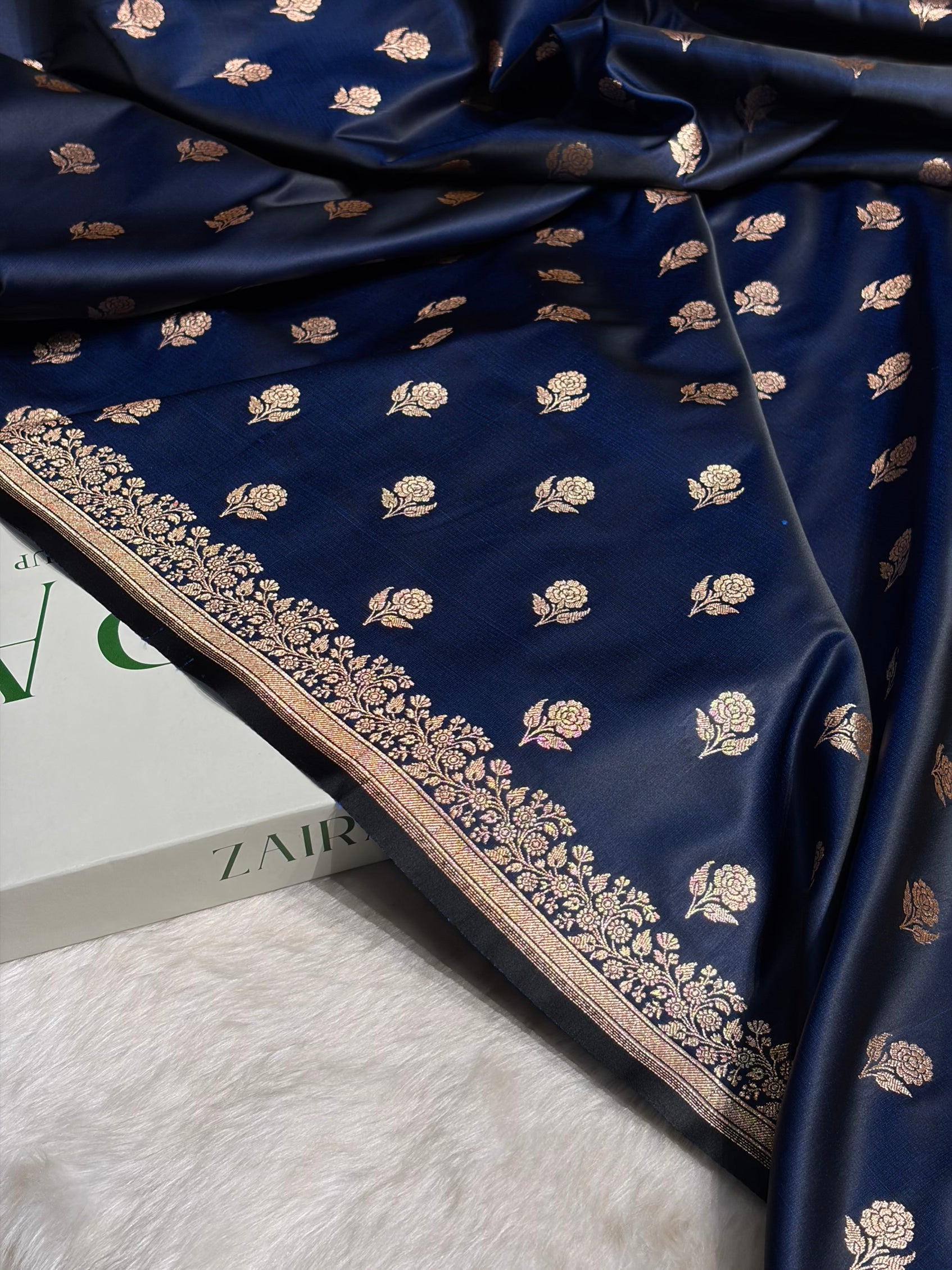 Navy Blue Floral Booti Katan Silk Saree SK23