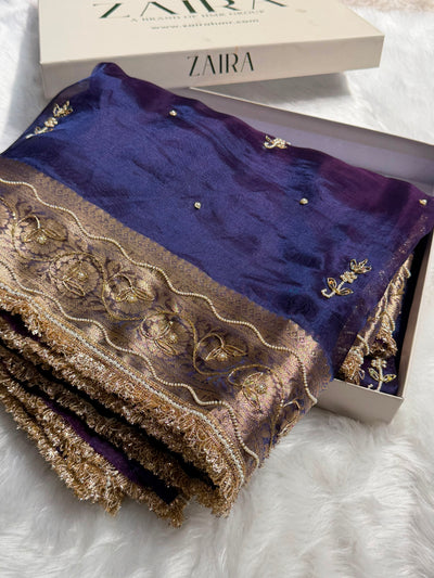 Purple Shades Wtih Ari & White Moti Work Pure Tissue Silk Saree with Brocade Blouse BPT-18