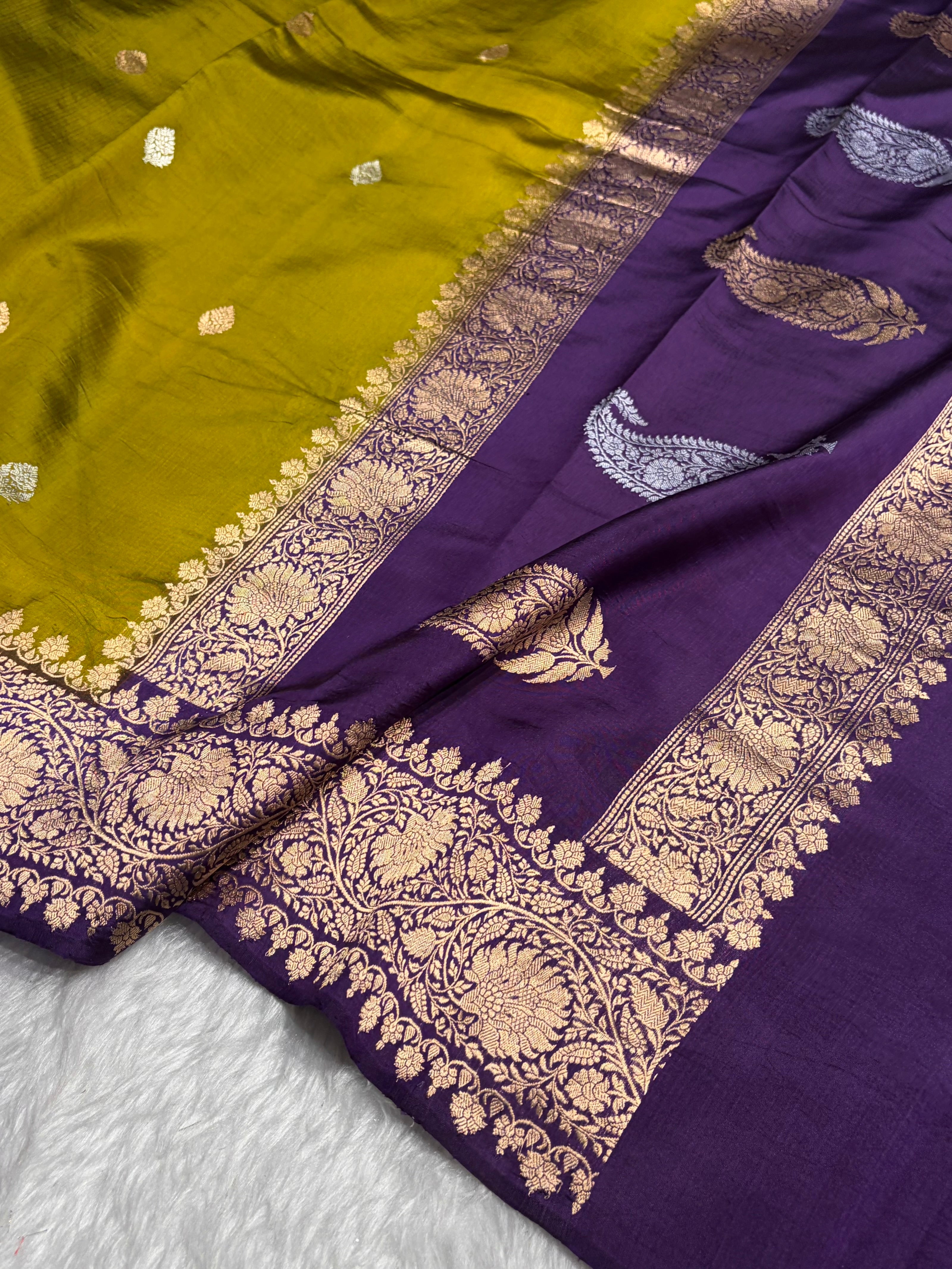 Contrast Mehendi With Purple Boota Handwoven Pure Katan Raw Mango Silk RM-33