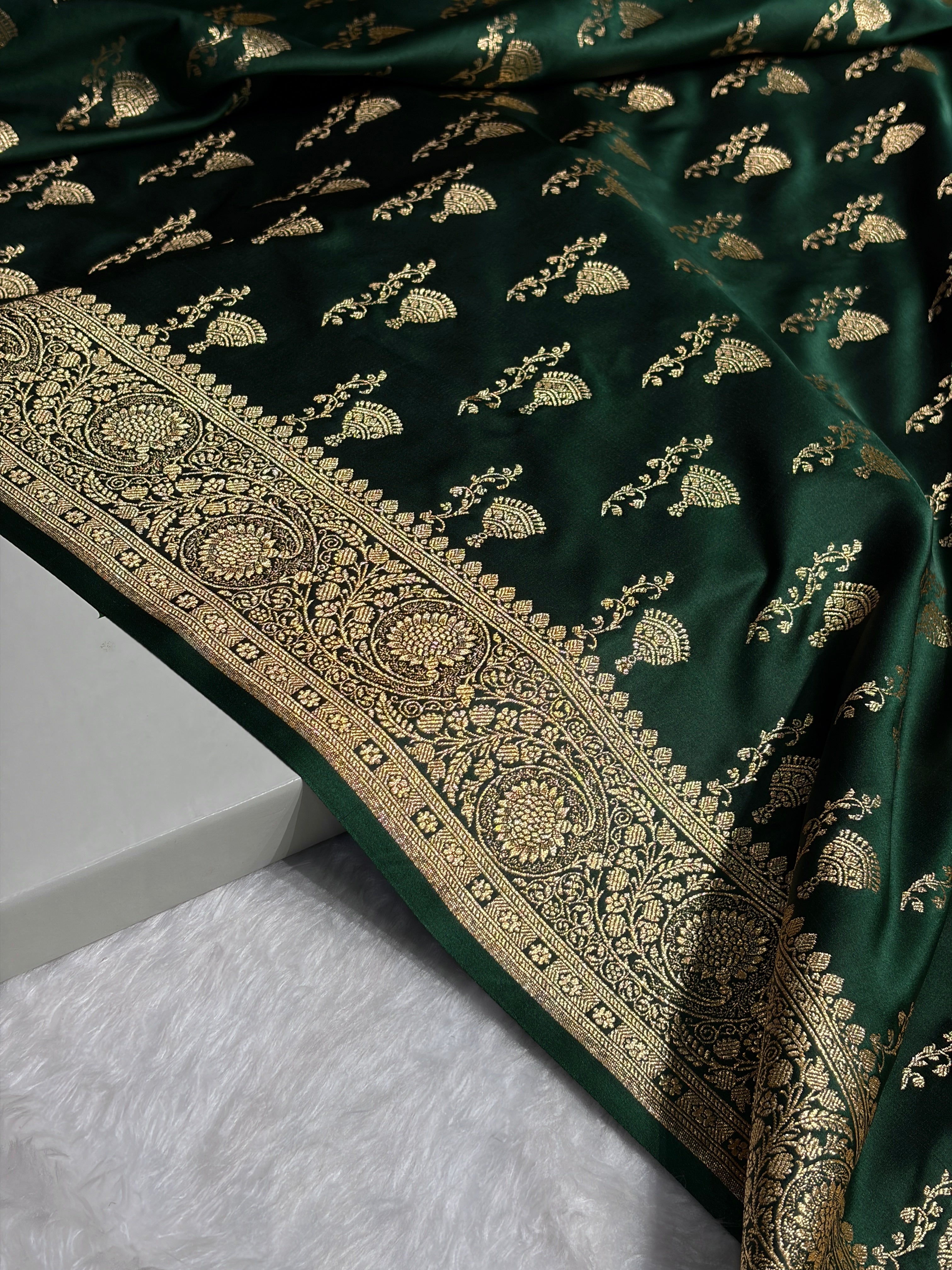 Banarasi Satin Katan Saree With Boota in Bottle Green Shades SK100
