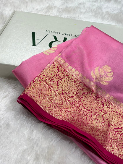 Banarasi Baby Pink With Wine Contrast Shades Handwoven Pure Paper Silk Saree RM-91