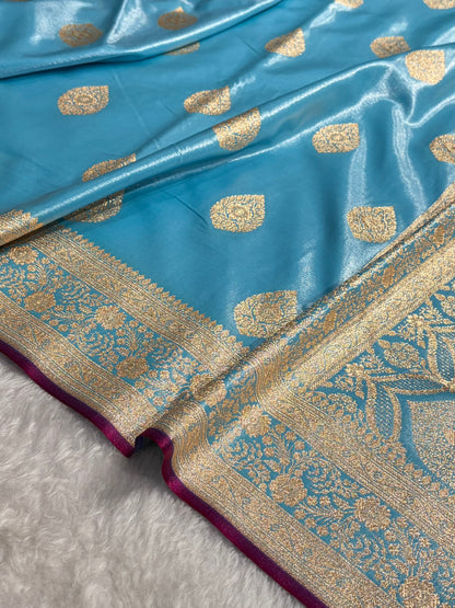 Ultra Light Weight Satin Silk Boota in Sky Blue Shades SS05