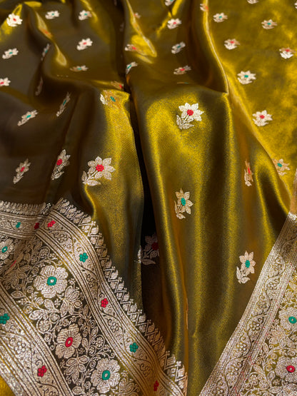 Mehendi Shades Minakari Boota Pattern Banarasi Satin Silk Saree SS44