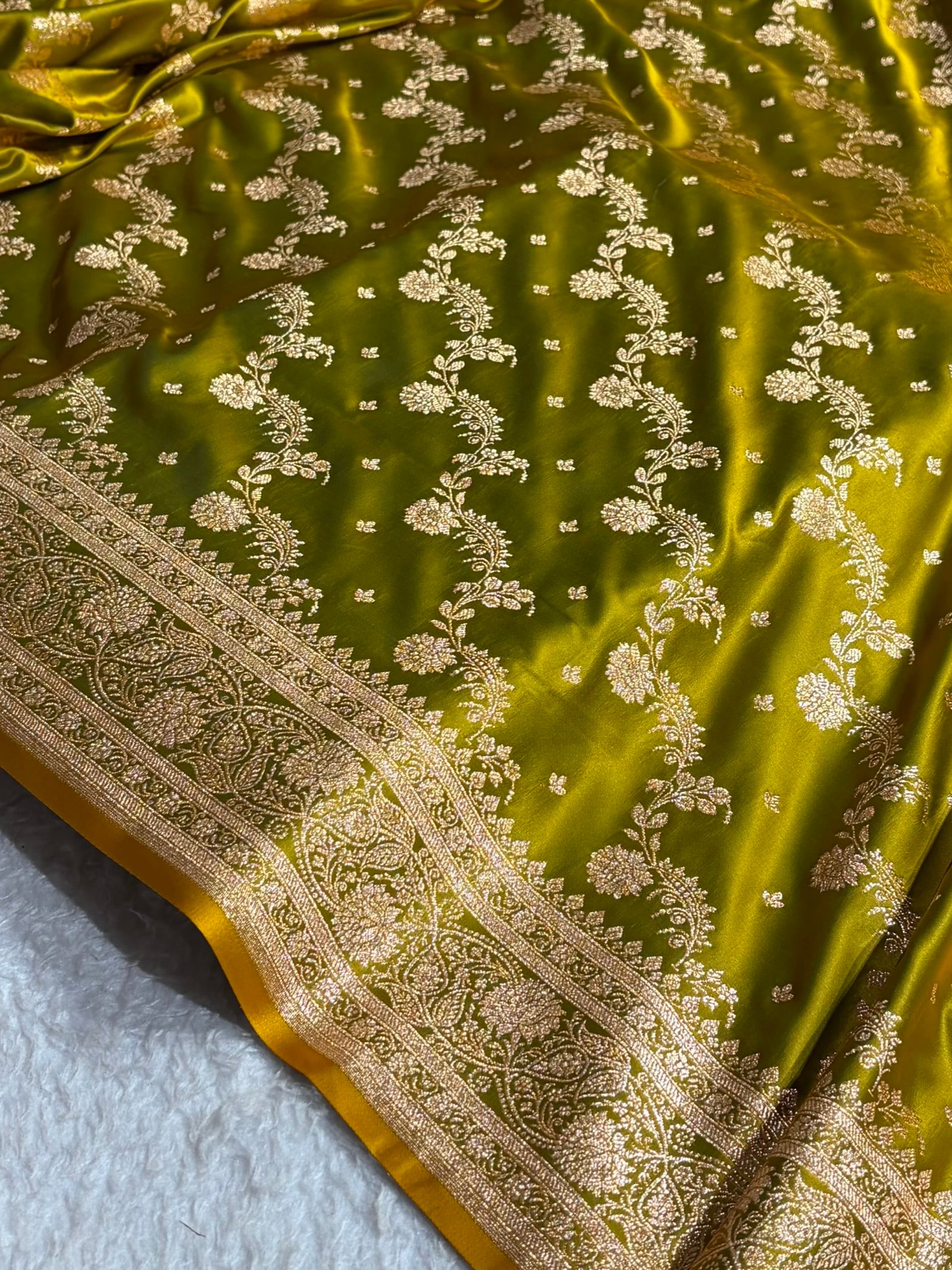 Banarasi Satin Katan Saree With Jaal Pattern in Liril Mehendi Shades SK121