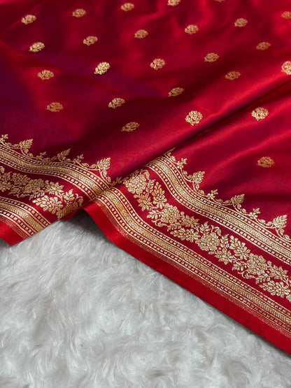 Magentic Red Floral Pattern Satin Katan Silk Saree SK76