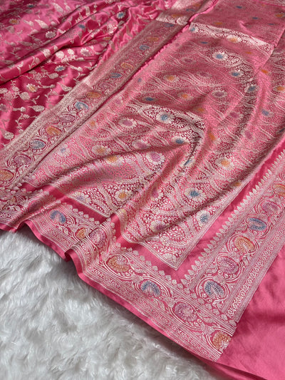 Baby Pink Shades In Banarasi Minakari Jaal Mashru Silk Saree MCS42