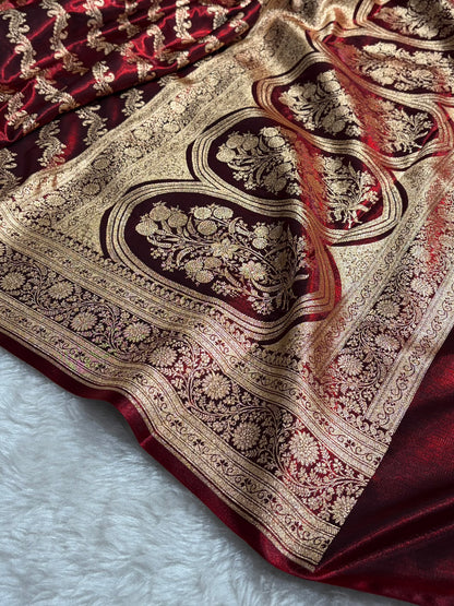 Maroon Shades Cross Pattern Banarasi Satin Silk Saree SS39