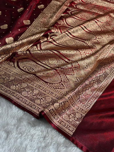 Banarasi Maroon Shades Booti Pattern Banarasi Satin Silk Saree SS59