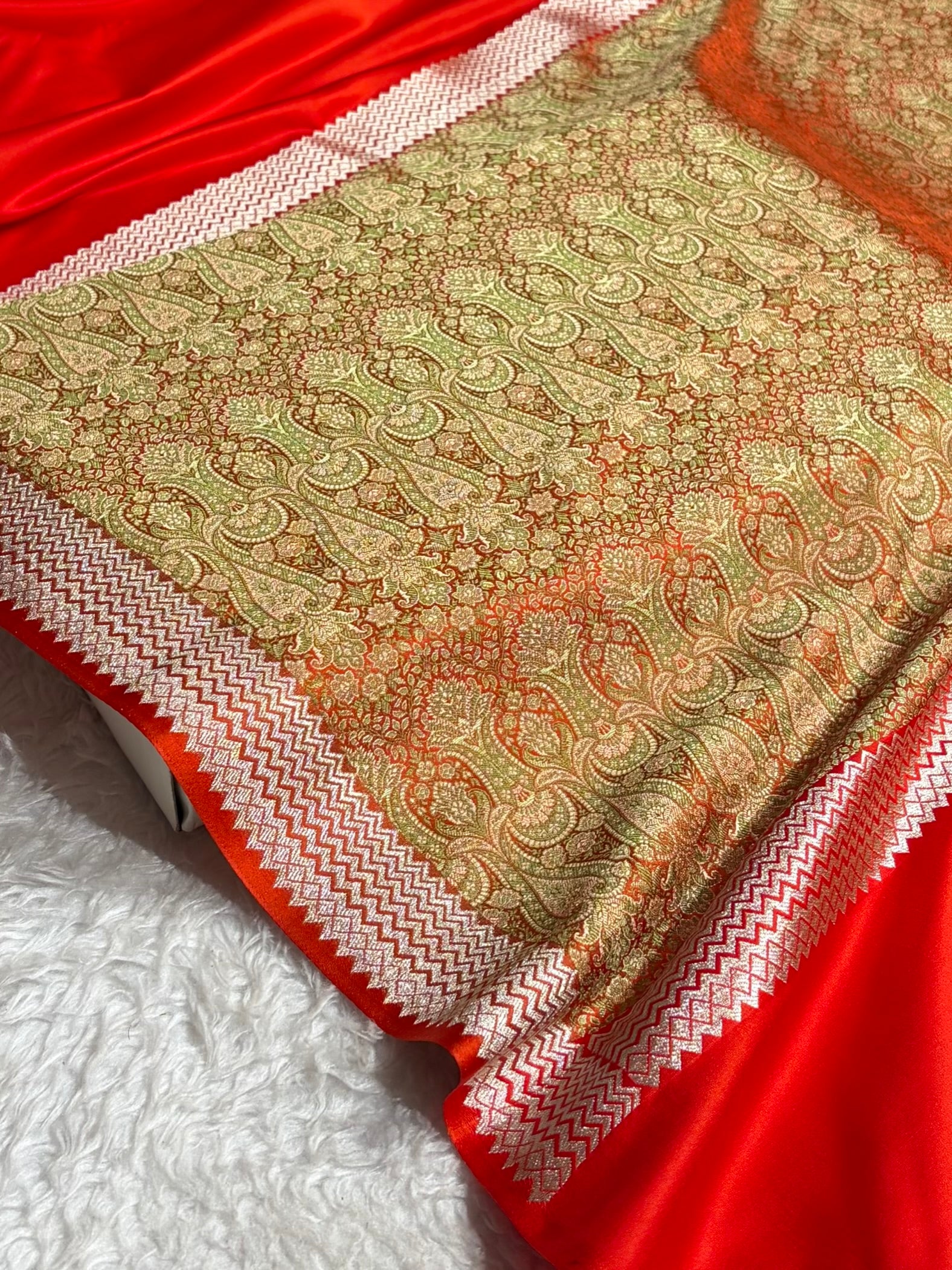 Premium Banarasi Satin Katan Saree Plain With Tanchoi Blouse in Orange Shades SK129