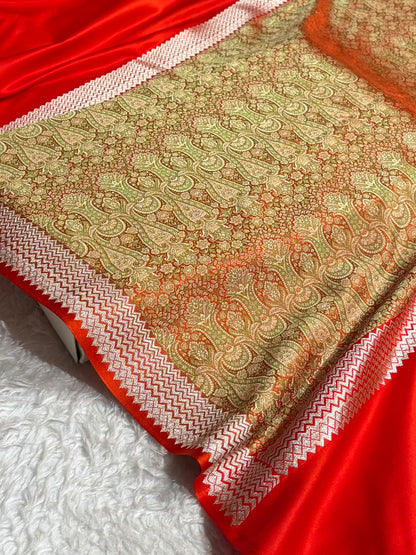 Premium Banarasi Satin Katan Saree Plain With Tanchoi Blouse in Orange Shades SK129