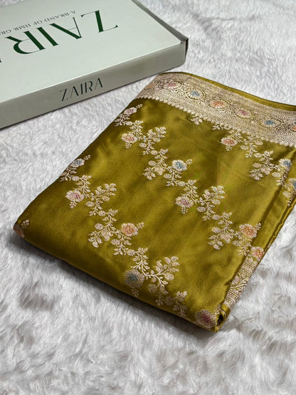 Mehendi Minakari Banarasi Cross Mashru Silk Saree MS01