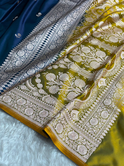 Contrast Peacock / Mustard Shades Banarasi Booti Pattern Mashru Silk Saree MSM-137