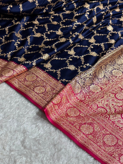 Banarasi Contrast Satin Katan Saree With Jaal Pattern in Navy Blue With Rani Shades SK124