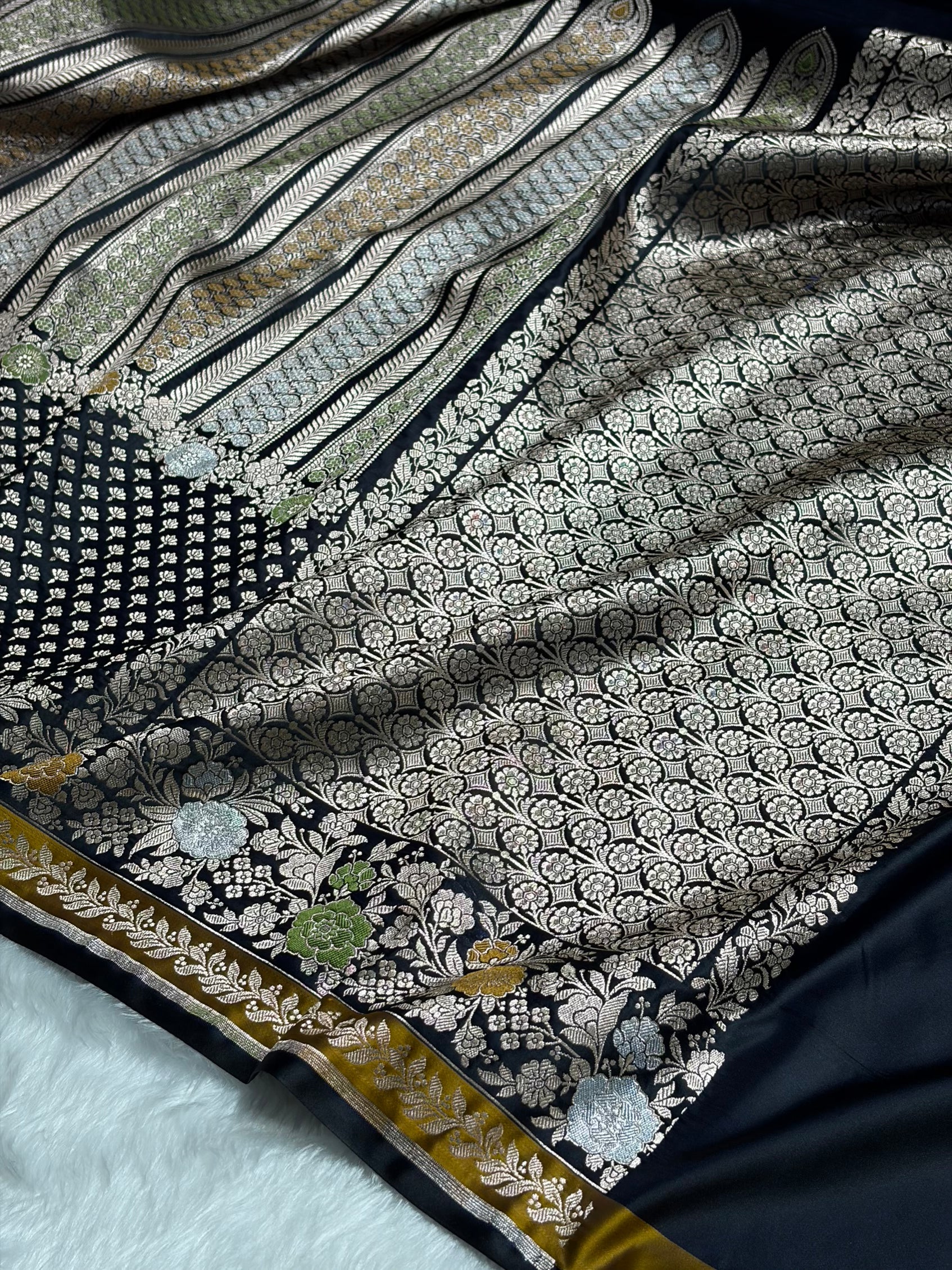 Dark Navy Blue Shades Floral Minakari Skirt Border Mashru Silk Saree MSM-83