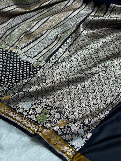 Dark Navy Blue Shades Floral Minakari Skirt Border Mashru Silk Saree MSM-83