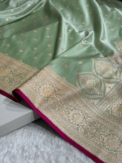 Banarasi Light Pista Booti Satin katan Silk Saree SK11