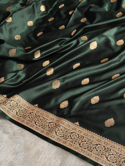 Dark Bottle Green Booti Pattern Satin Katan Silk Saree SK65