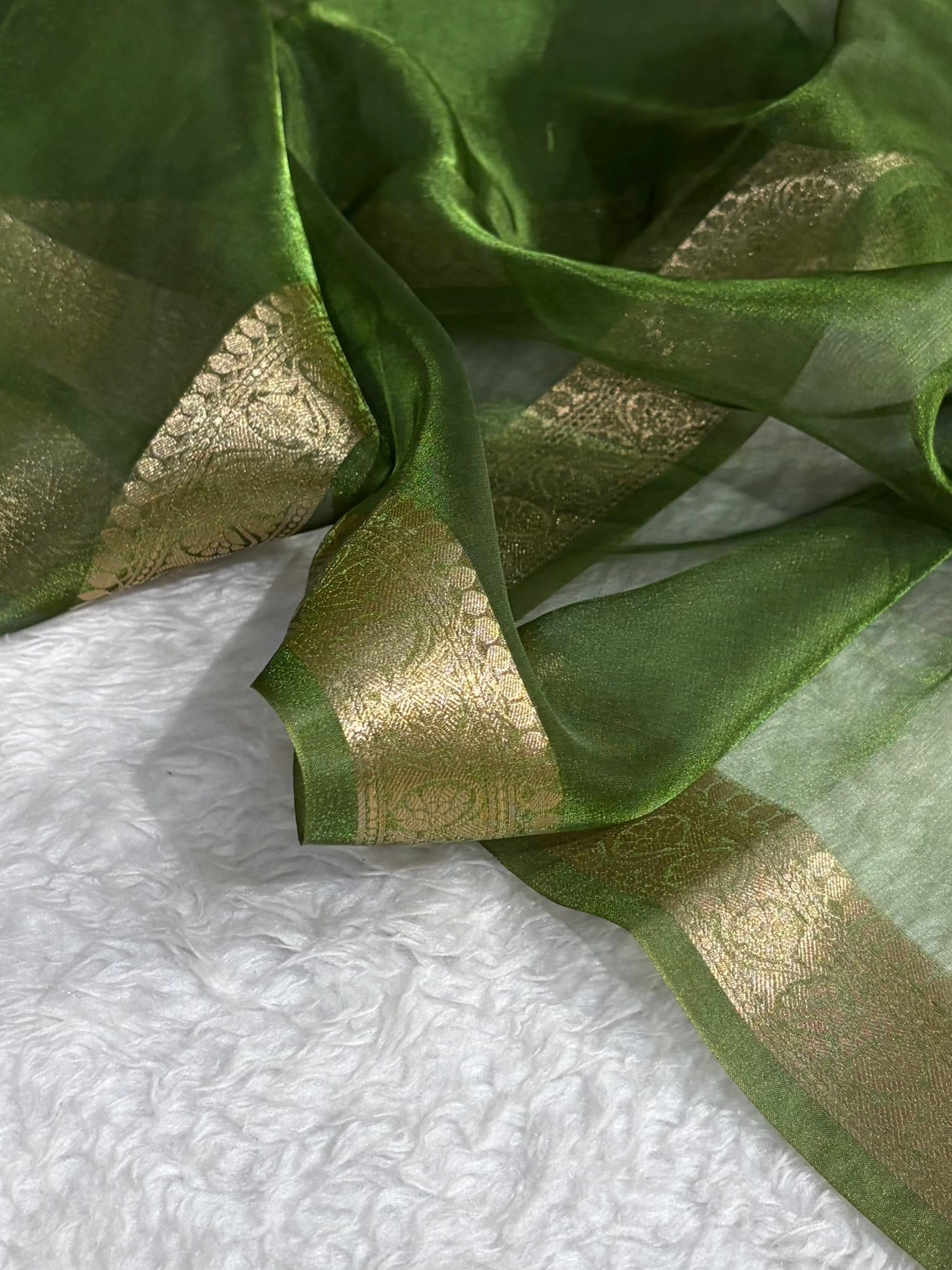 Mehendi Shades Banarasi Pure Tissue Silk Saree with Brocade Blouse PT-09