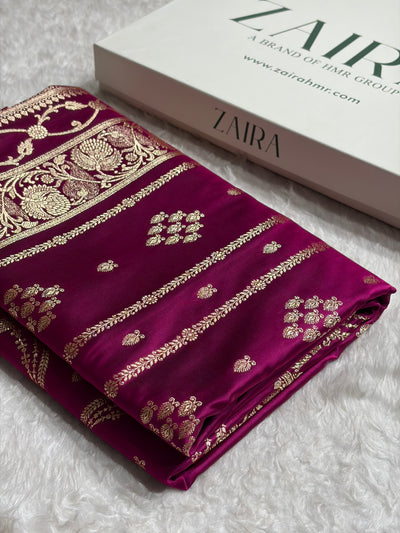 Wine Floral Boota Pattern Satin Katan Silk saree SK39