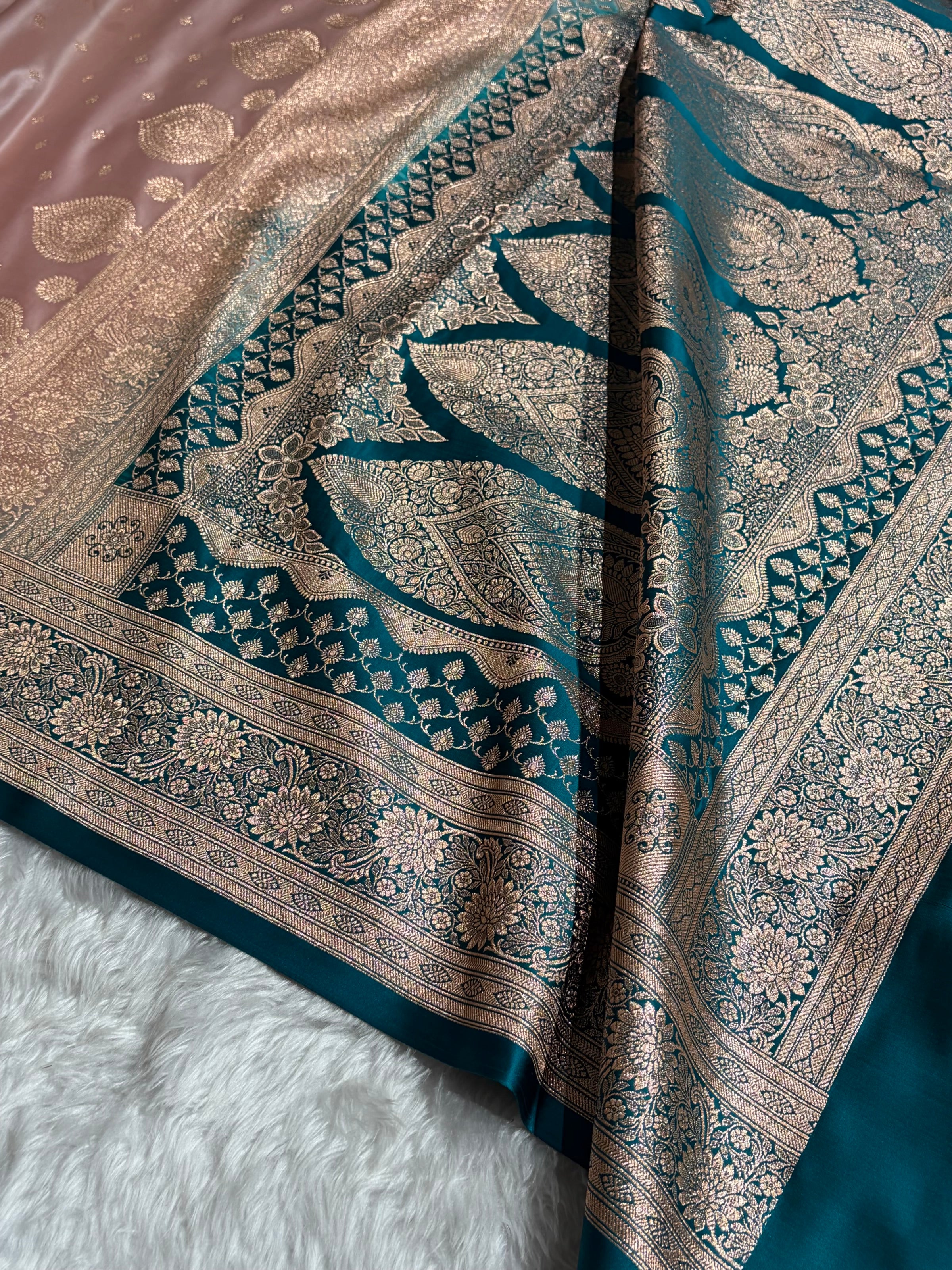 Banarasi Rose Gold with Rama Booti Satin Katan Silk saree SK29