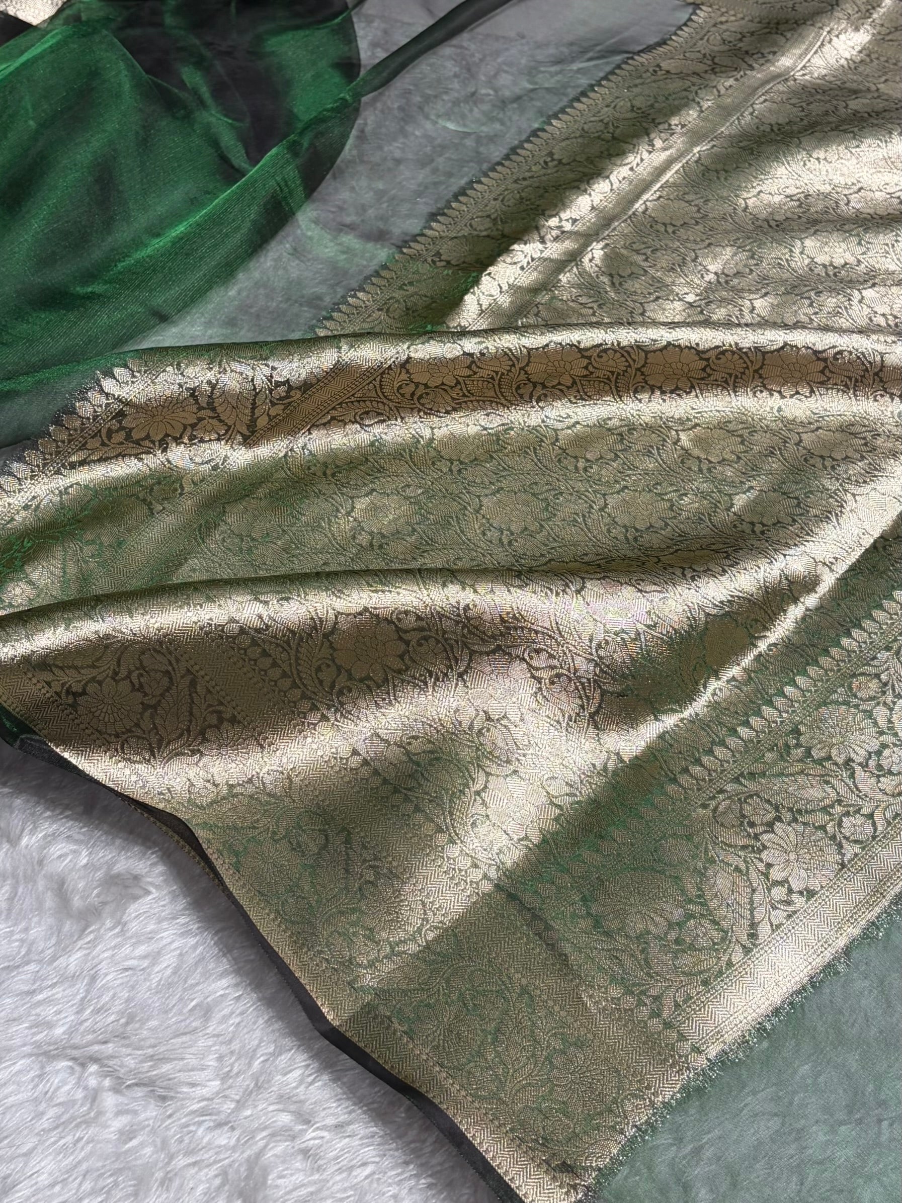 Banarasi Bottle Green Shades Pure Tissue Silk Saree PT-60