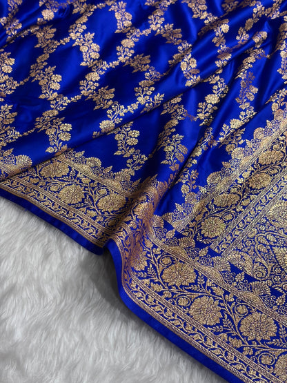 Banarasi Royal Blue Shade Floral Jaal Pattern Satin Katan Silk Saree SK43