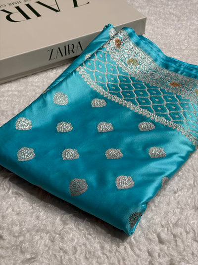 Banarasi Floral Booti Pattern in Firozi Shades Floral Mashru Silk Saree MCS103
