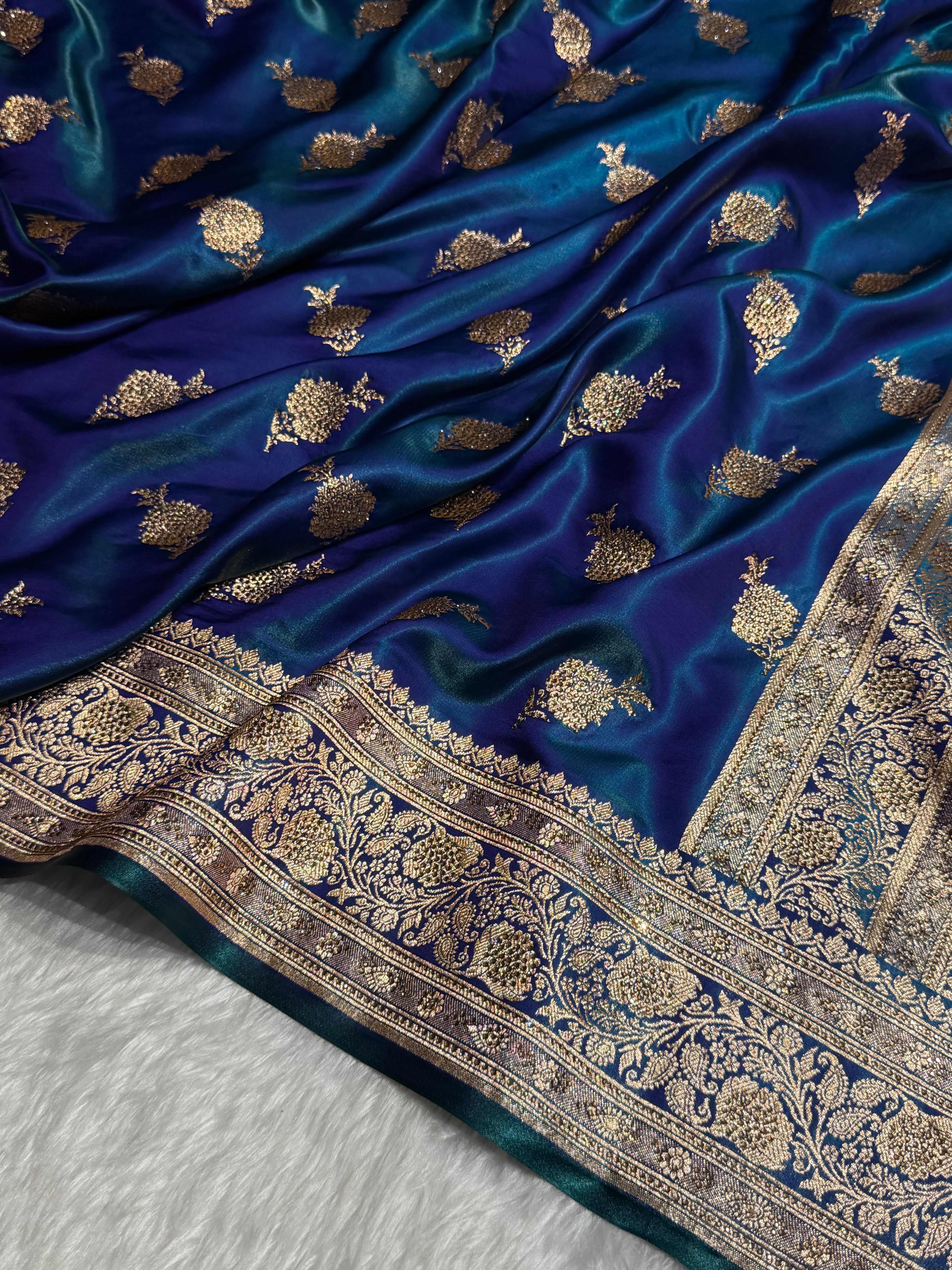 Satin Silk Saree Swarovski Work Floral Boota in Peacock Shades BSS26