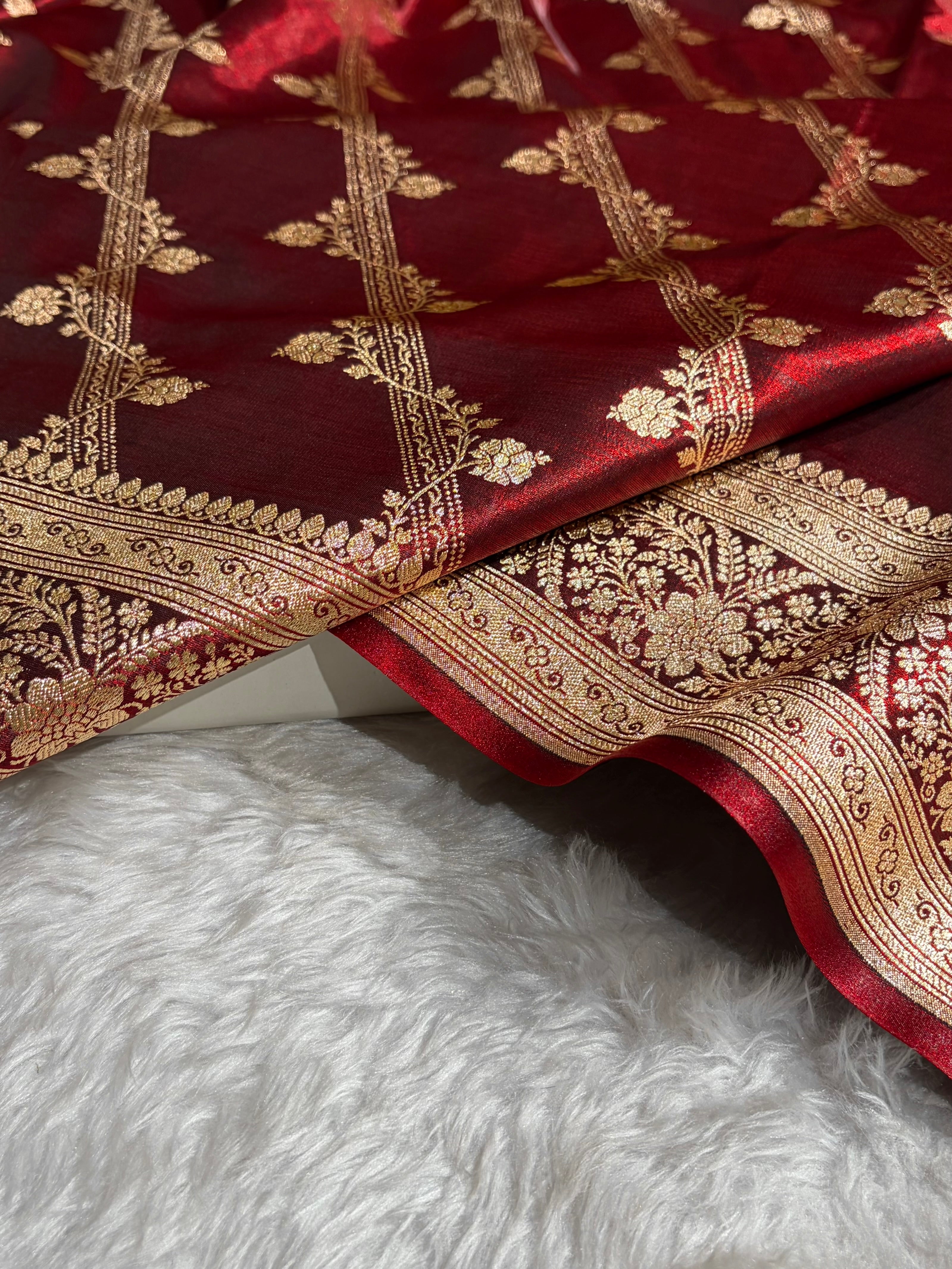 Maroon Shades Cross Pattern Banarasi Satin Silk Saree SS50
