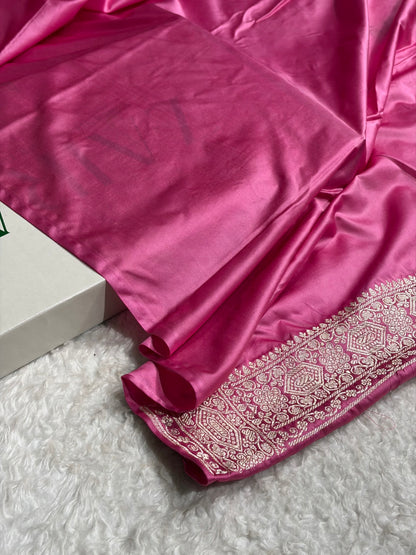 Banarasi Minakari Cross Pattern in Pink Shades Floral Mashru Silk Saree MS93