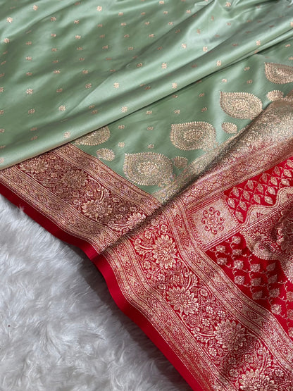 Pista with Red Booti Satin Katan Silk saree SK29