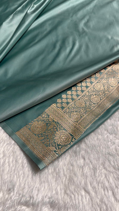 Banarasi Satin Katan Saree in Contrast Rust - SeaGreen Shades SK132