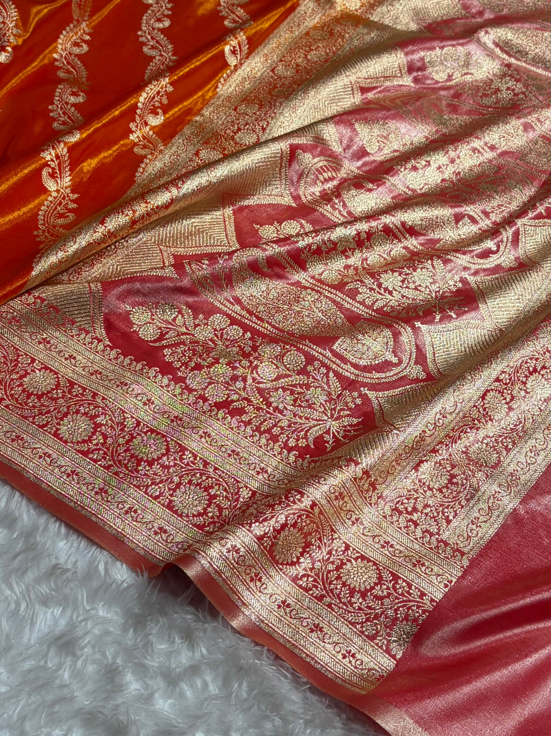 Fire Gold Contrast Shades Cross Pattern Banarasi Satin Silk Saree SS39