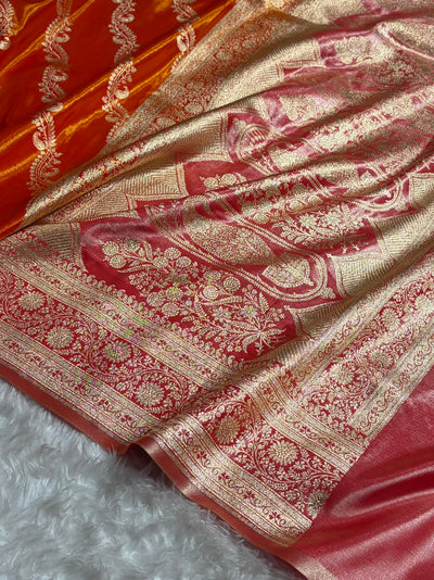 Fire Gold Contrast Shades Cross Pattern Banarasi Satin Silk Saree SS39