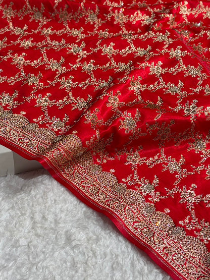 Bridal Red Satin Silk Jaal with Swarovski Stone Work & brocade Blouse BSS16