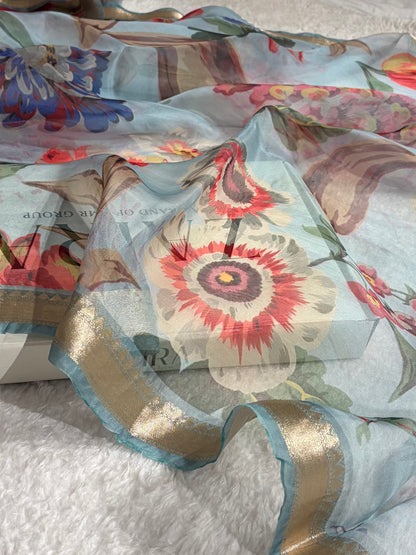Organza with Pastel Multicolor Florals & Gold Zari Border POP18