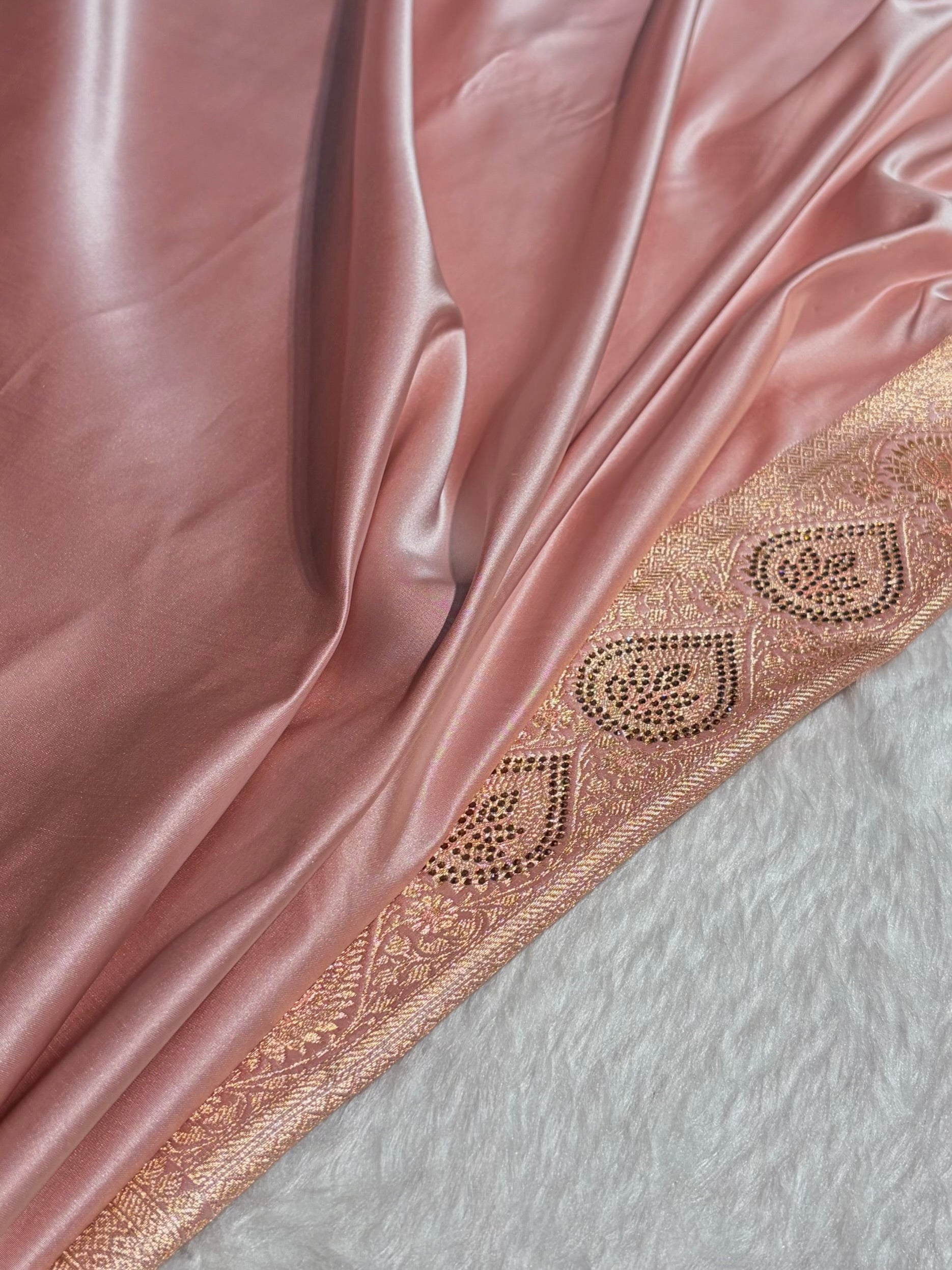 Rose Gold Swarovski Work Booti Satin Katan Silk Saree BSK10 (W)