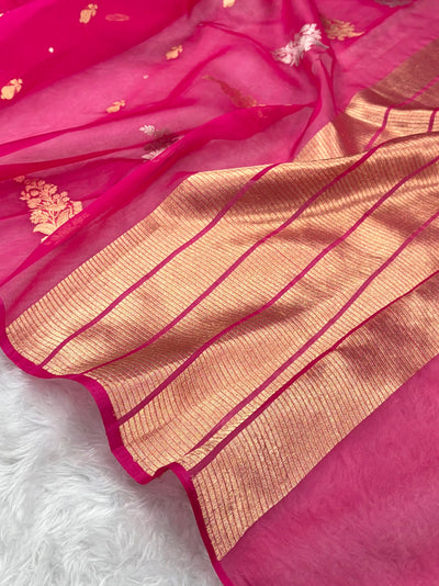 Pure Banarasi Organza Rani Shades With Minakari Floral Banarasi Silk Saree PO-24